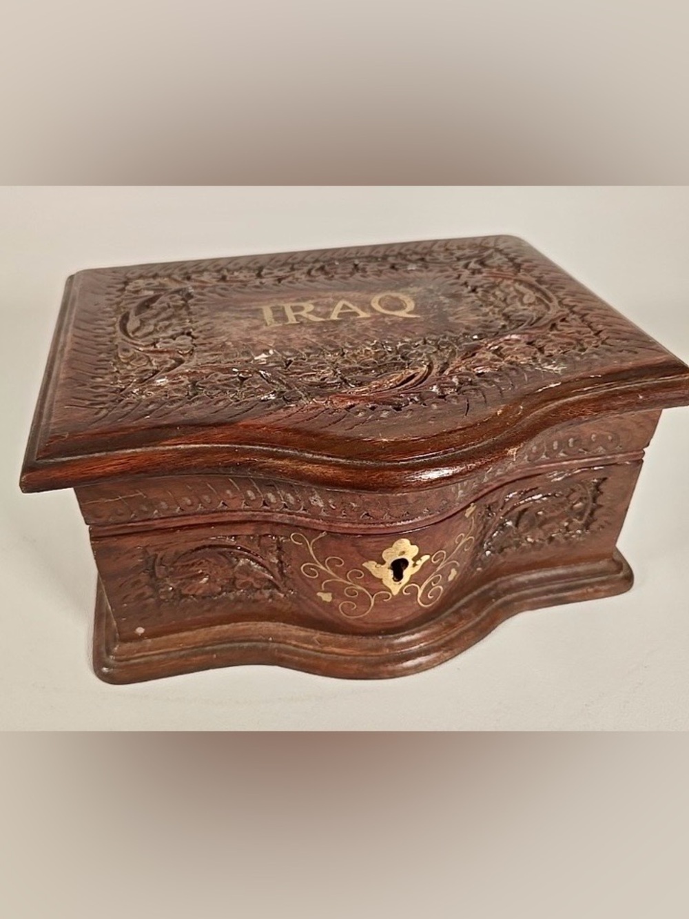 Vintage‎ Carved Wooden Jewelry Box w/Lock & Working Key: Iraq Gold Embossed
